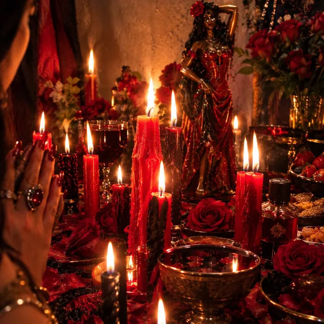 Altar com velas vermelhas e pretas acesas, taça de vinho, rosas vermelhas e a imagem de uma cigana ao fundo