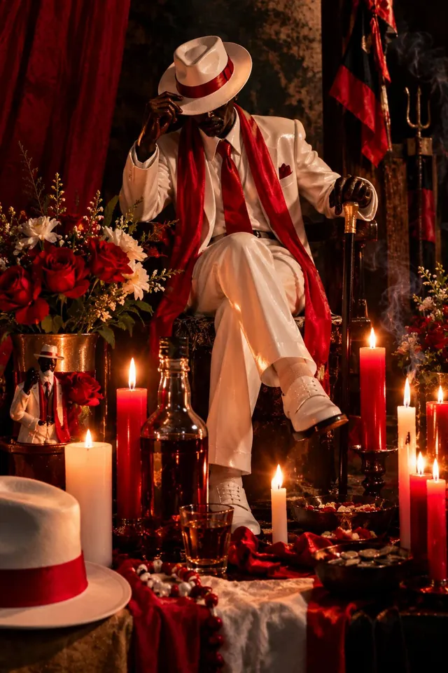 Figura de terno e chapéu brancos com gravata vermelha, sentada com bengala entre velas, rosas vermelhas e um copo