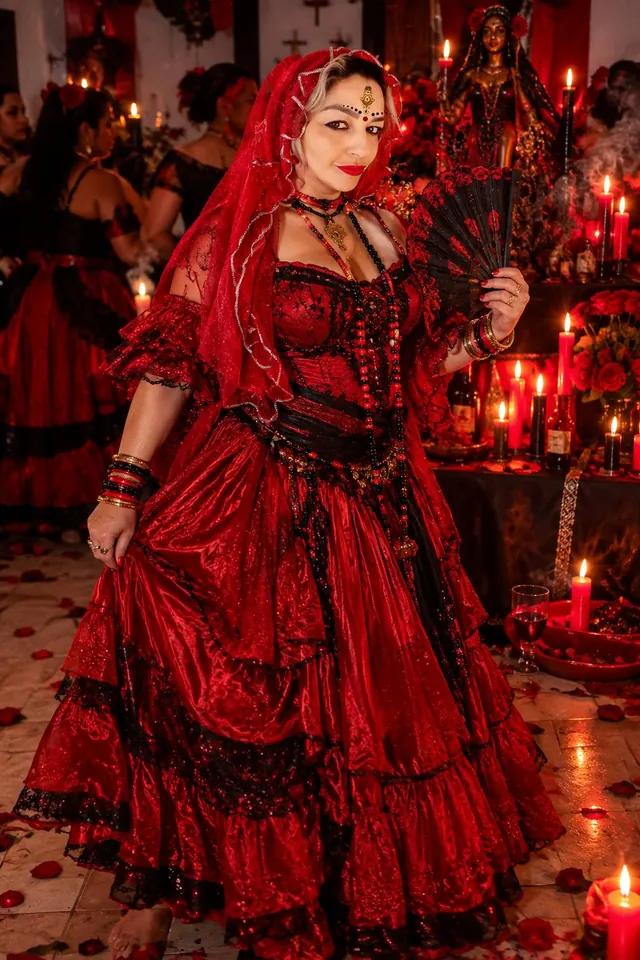 Paloma de vestido cigano vermelho e véu, com leque de renda, diante de um altar de velas e rosas vermelhas