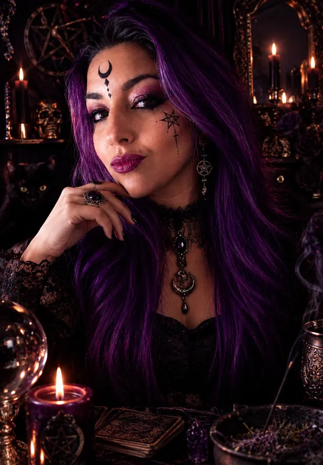 Retrato em tons de roxo, com lua desenhada na testa, bola de cristal, vela e baralho sobre a mesa