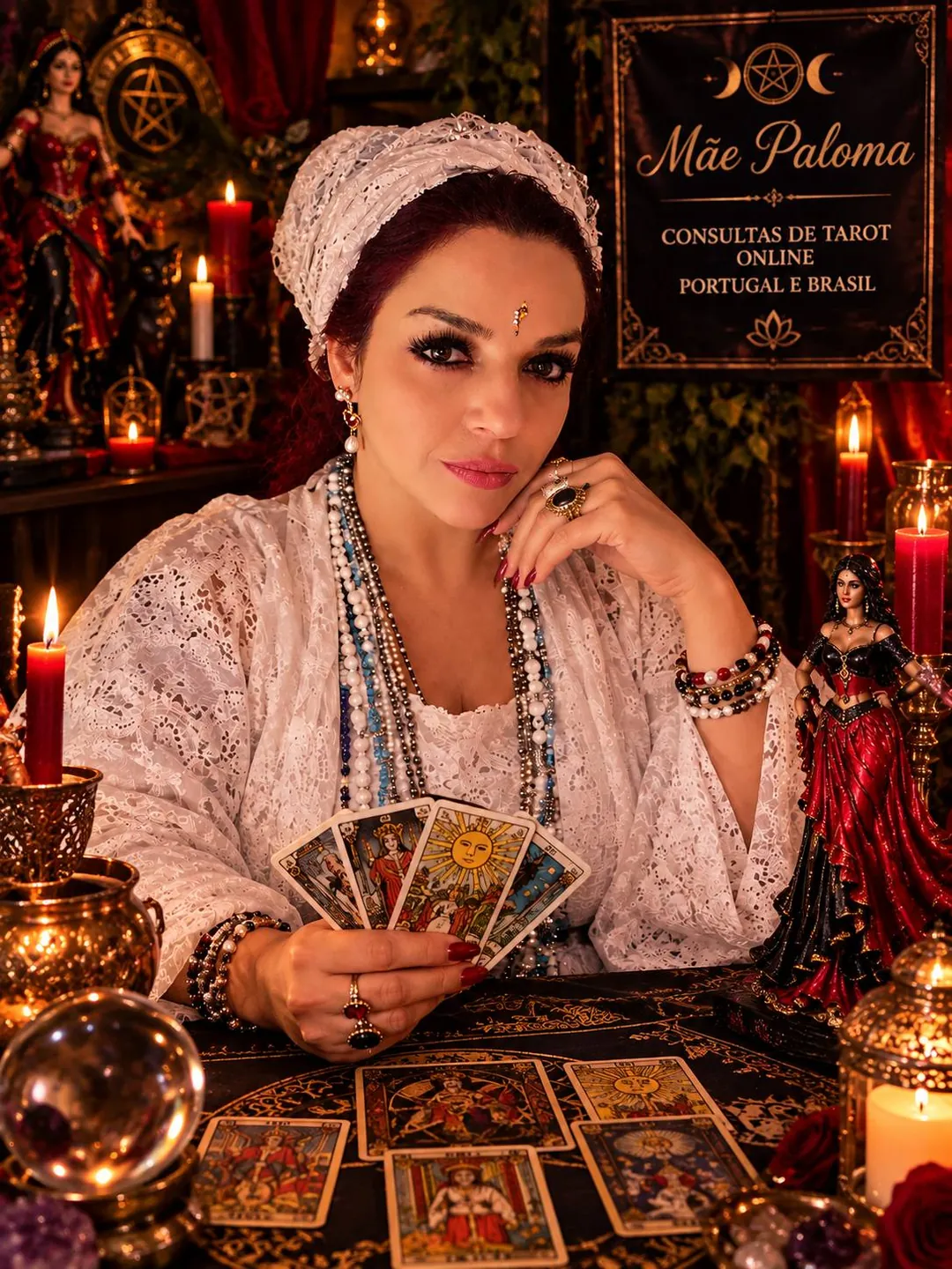 Mãe Paloma com turbante de renda branca segurando cartas de tarot abertas em leque, sobre a mesa com mais cartas, velas vermelhas e bola de cristal